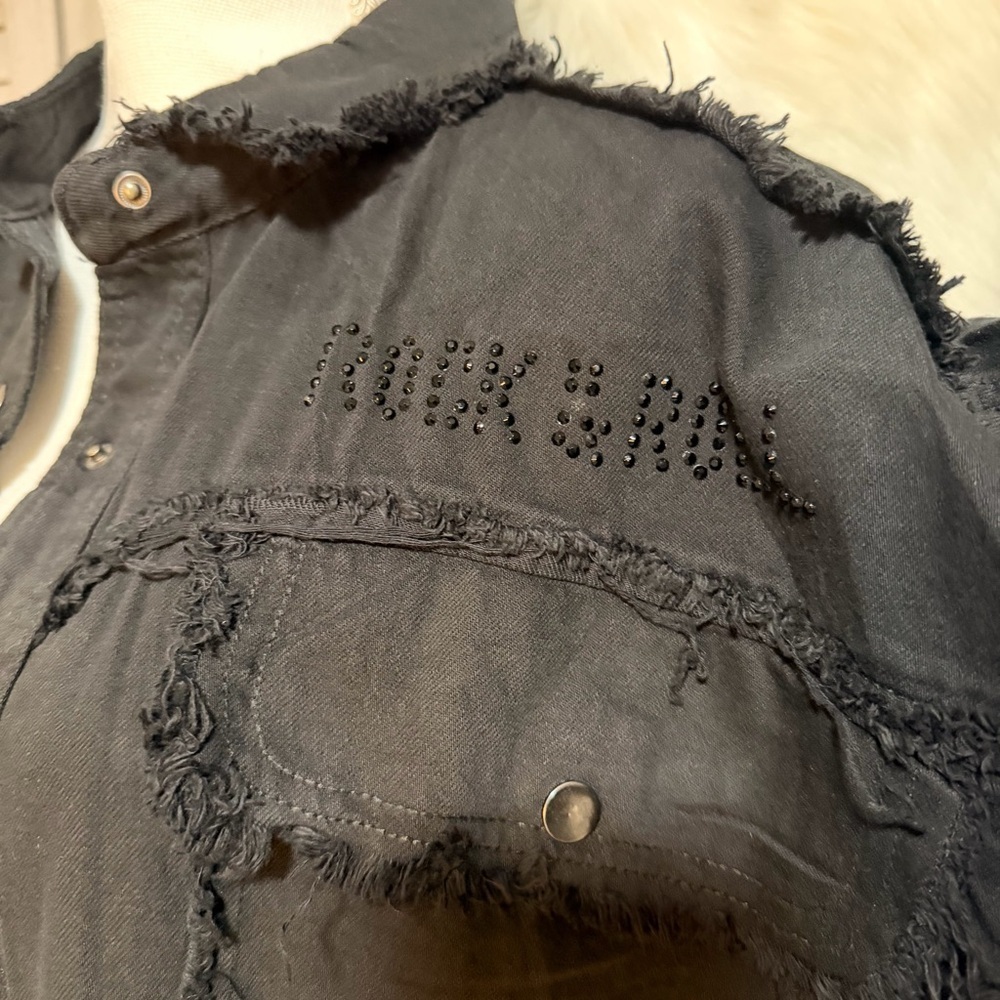 Elan Black Rhinestone Frayed Button-Up Jacket - Picture 9 of 9
